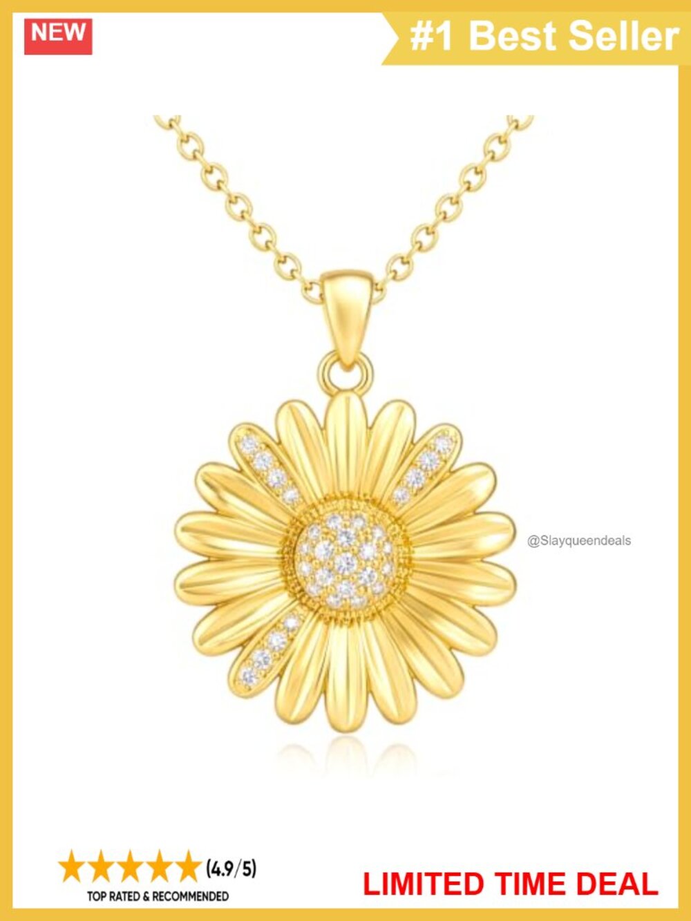 14K Gold Plated Sunflower Daisy Pendant Necklace Adjustable Chain